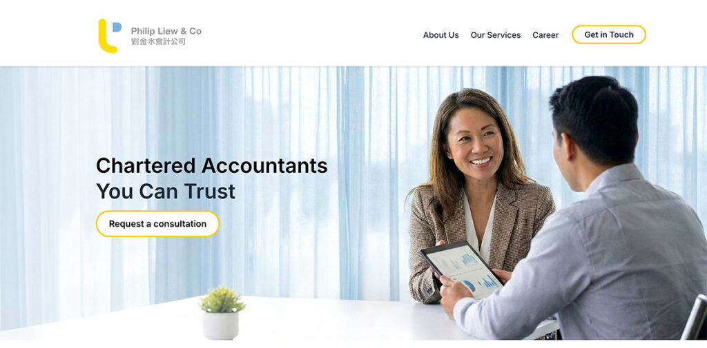 Homepage of Philip Liew & Co website showing service categories and navigation